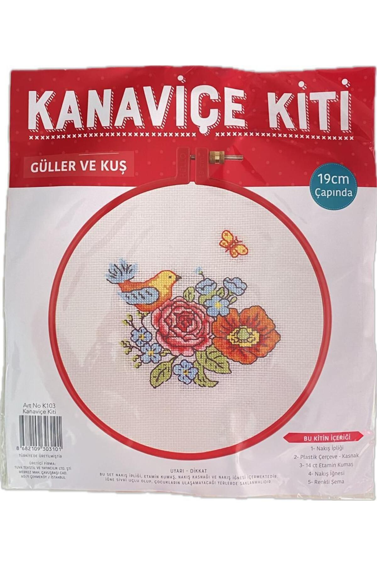 Kanaviçe Kit Nakış Seti Güller Ve Kuş Plastik Kasnaklı 19Cm