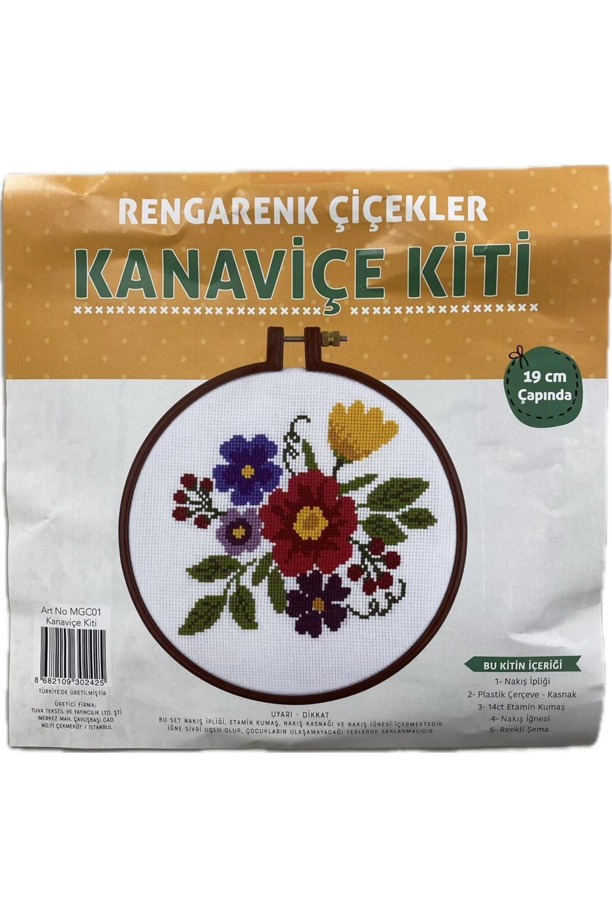 Kanaviçe Kit Nakış Seti RENGARENK ÇİÇEKLER Plastik Kasnaklı 19Cm