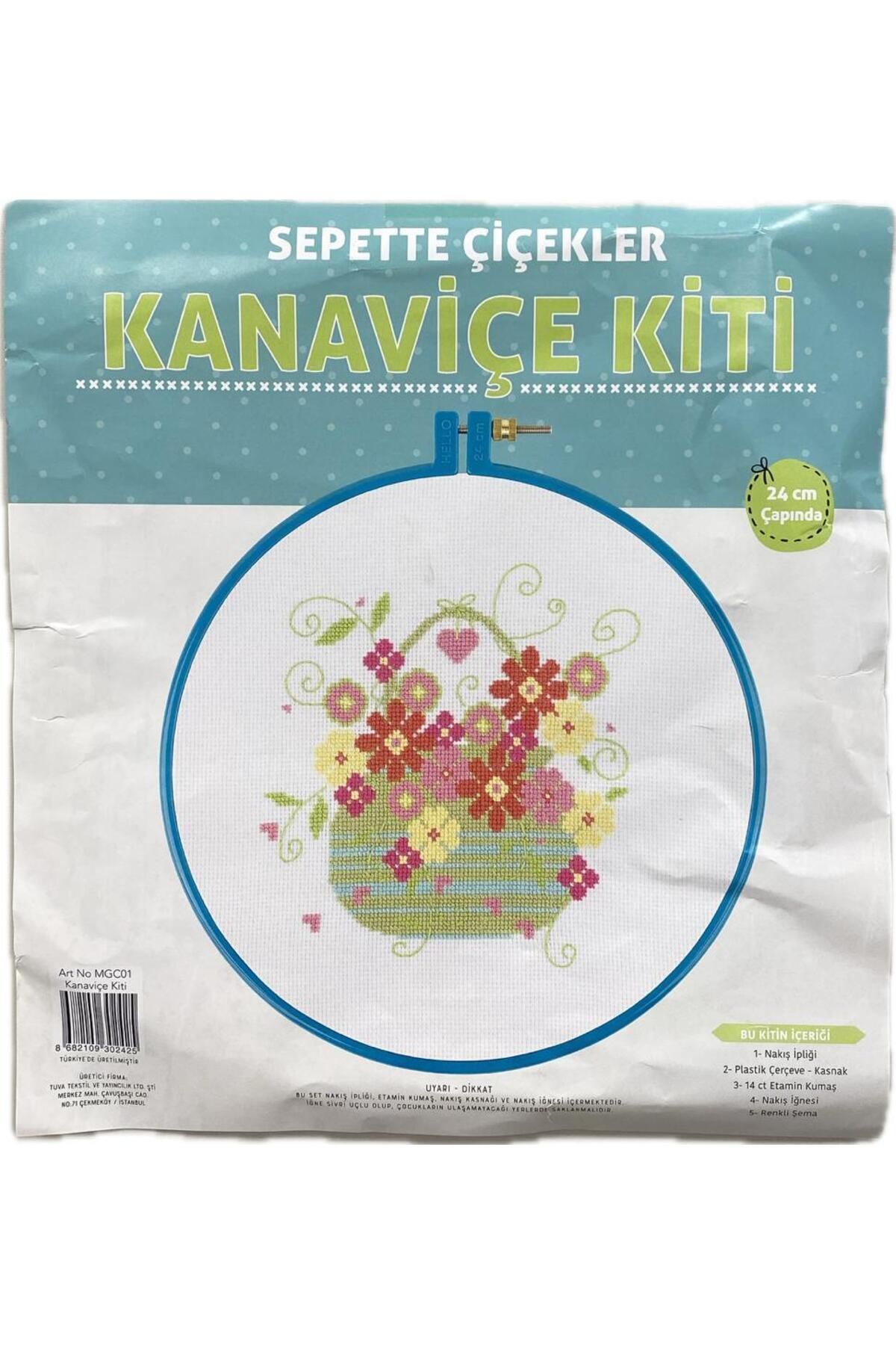 Kanaviçe Kit Nakış Seti SEPETTE ÇİÇEKLER Plastik Kasnaklı 24Cm